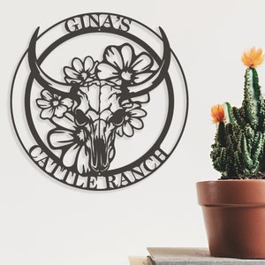 Ranch Life- Steer Skull with Flowers Custom Metal Sign