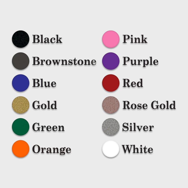 a color wheel with various colors labeled, including black, brownstone, blue, red, gold, green, rose gold, silver, and orange.