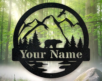 Bear Metal Sign NEW, Great Outdoor, Bear In Woods Cabin Sign, Family Name Black Bear Sign, Personalized Bear Sign