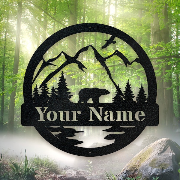 Personalized Black Bear Metal Sign, Cabin Decor