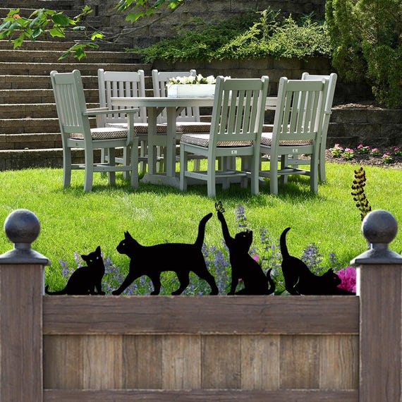 Laser-cut Metal Silhouette Cat Decor Yard Stakes or Fence Signs, Set of 4
