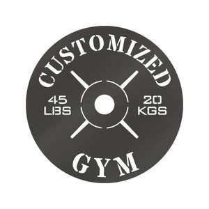 May include: Black and white weight plate with the text "CUSTOMIZED GYM" and the weight "45 LBS" and "20 KGS" printed on it.