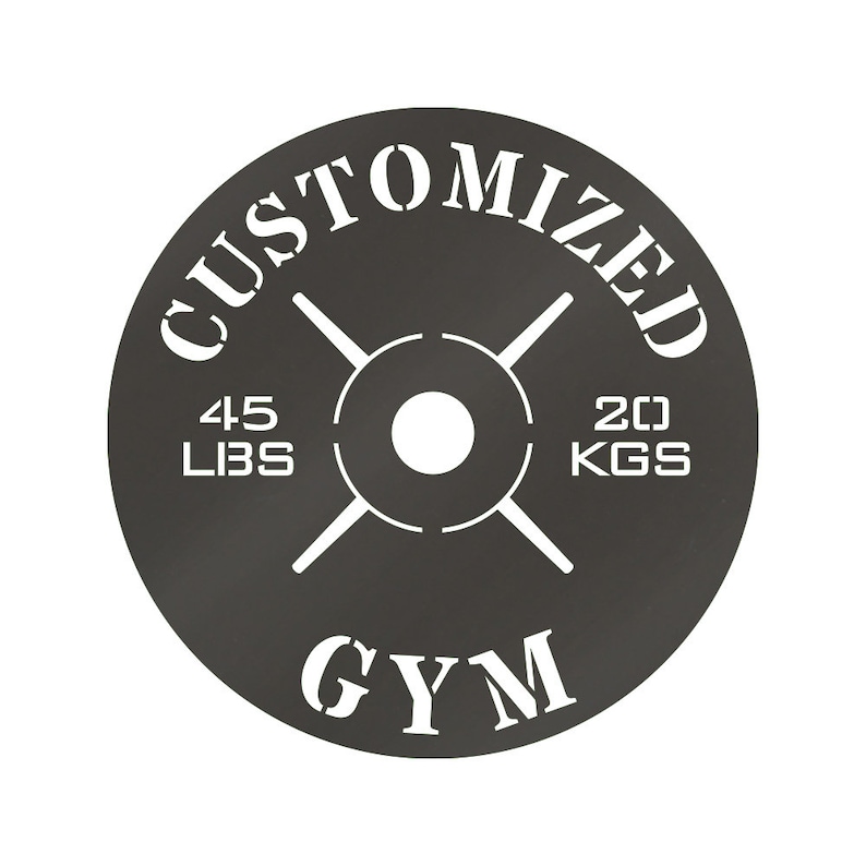 May include: Black and white weight plate with the text "CUSTOMIZED GYM" and the weight "45 LBS" and "20 KGS" printed on it.