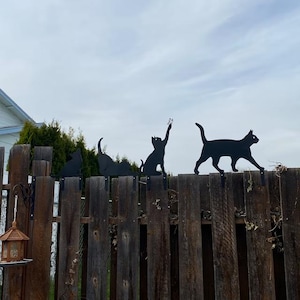 a wooden fence with three cats on top of it