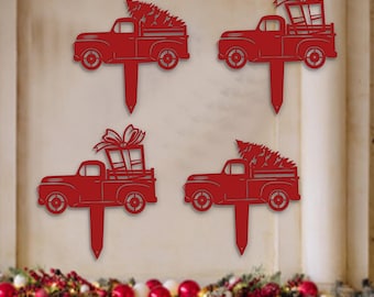 Little Red Truck Holiday Yard Stakes - Set of 4