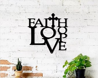 Faith, Love, Hope with Cross - Metal Sign - Monogram Metal Shop