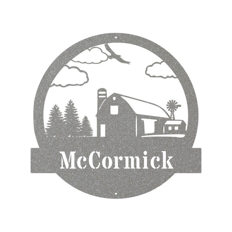 May include: A gray metal sign with a farmhouse silhouette, clouds, and trees. The sign has a banner at the bottom with the name "McCormick" in white lettering.
