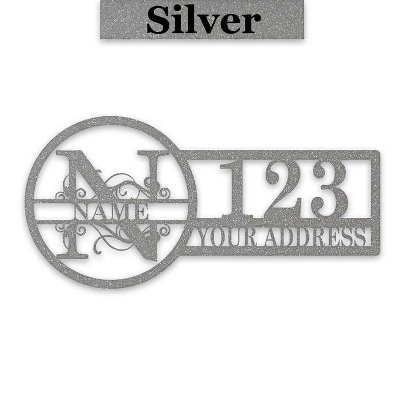 May include: Silver metal house number sign with a circle containing the letter N and the word "NAME" and a rectangle with the number 123 and the words "YOUR ADDRESS".
