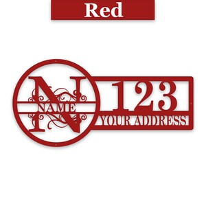 May include: Red metal house number sign with a circle containing the letter N and the word "NAME" and a rectangular sign with the number 123 and the words "YOUR ADDRESS".
