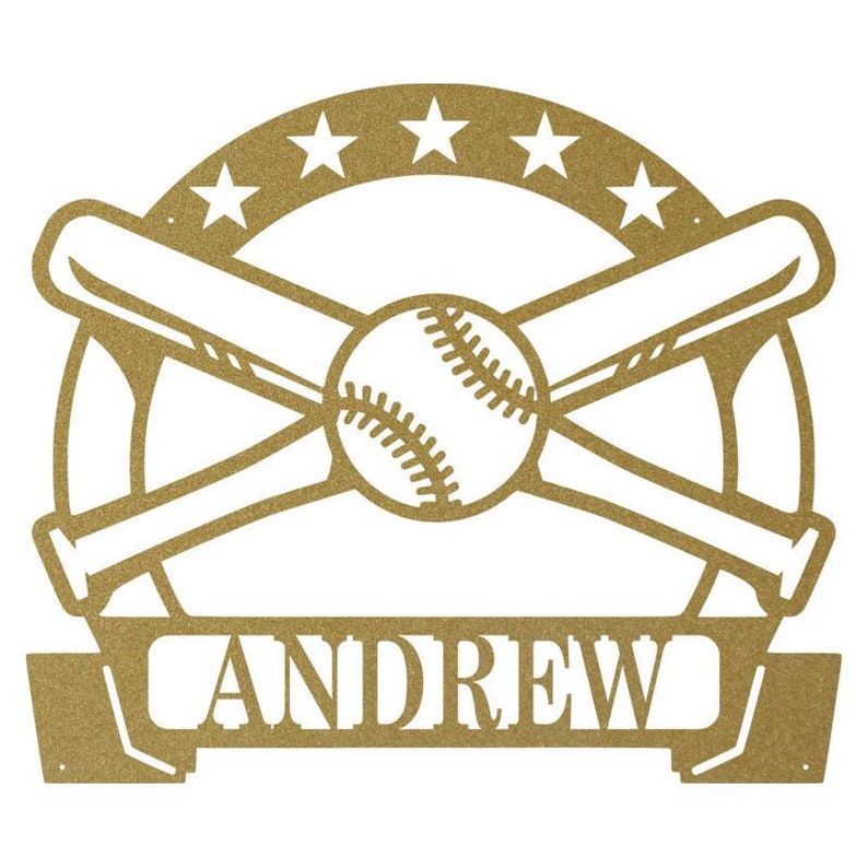 K&ouml;nnte beinhalten: Goldenes Baseball-Schild aus Metall mit zwei gekreuzten Schl&auml;gern, einem Baseball und f&uuml;nf Sternen um den Umfang. Der Name "ANDREW" ist auf einem Banner unter dem Baseball und den Schl&auml;gern abgebildet.