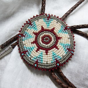 Handmade Beaded Bolo Tie Medallion - Maroon, Grey, and Green