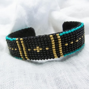 NEW Thin Handmade Beaded Cuff Bracelet, - Black, Green, Gold  | -