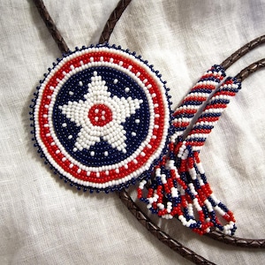 Handmade Beaded Bolo Tie Medallion - Red, White & Blue2