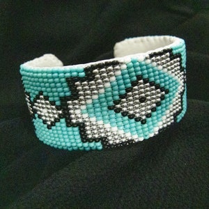 Handmade Beaded Cuff Bracelet - Seagreen & Silver Diamonds | -