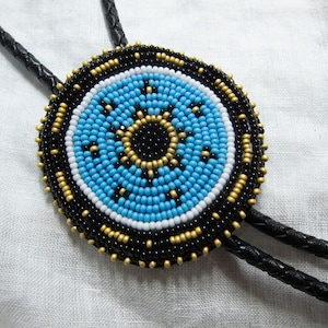 Handmade Beaded Bolo Tie Medallion - Blue, Black & Gold | -