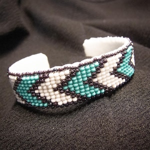 NEW Thin Handmade Beaded Cuff Bracelet, - White & Green Chevron  | -