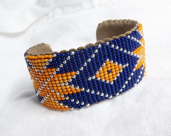 Handmade Beaded Cuff Bracelet - Blue, Orange & Silver