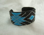 Handmade Beaded Cuff Bracelet - Black, Silver Turquoise FREE SHIPPING