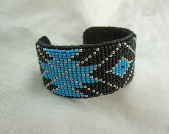 Handmade Beaded Cuff Bracelet - Black, Silver & Turquoise