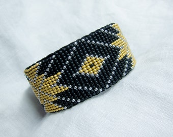 Handmade Beaded Cuff Bracelet - Black, Silver & Matte Gold  | FREE SHIPPING