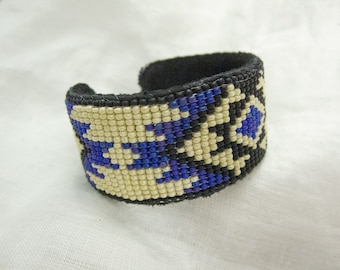 Handmade Beaded Cuff Bracelet - Purple Shimmer and Pearl