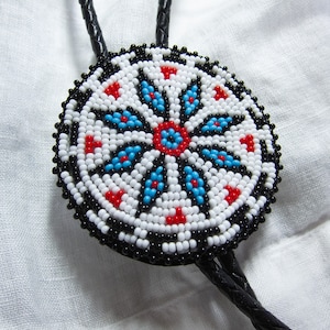 Handmade Beaded Bolo Tie Medallion - Red, White, Blue & Black | -