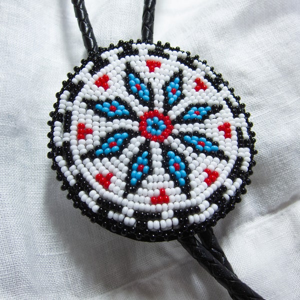 Handmade Beaded Bolo Tie Medallion - Red, White, Blue & Black | FREE SHIPPING