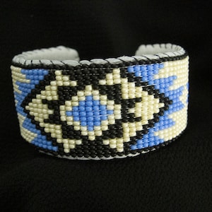 Handmade Beaded Cuff Bracelet - Periwinkle, Ivory, Black | -