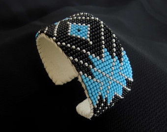 Handmade Beaded Cuff Bracelet - Turquoise, Black & Silver