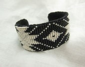 Handmade Beaded Cuff Bracelet - Pearl, Black Silver FREE SHIPPING