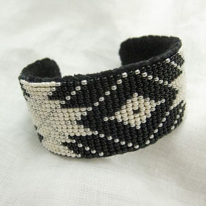 Handmade Beaded Cuff Bracelet - Pearl, Black & Silver