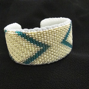Handmade Beaded Cuff Bracelet - Silver, Green & Ivory | -