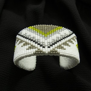 Handmade Beaded Cuff Bracelet - White, Silver, Green | -