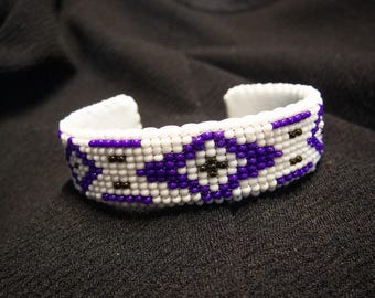 NEW Thin Handmade Beaded Cuff Bracelet, - White, Purple, Copper  | -