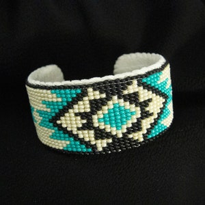 Handmade Beaded Cuff Bracelet - Seagreen and Ivory