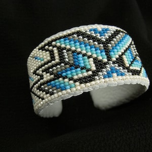 Handmade Beaded Cuff Bracelet - Sky and Ivory