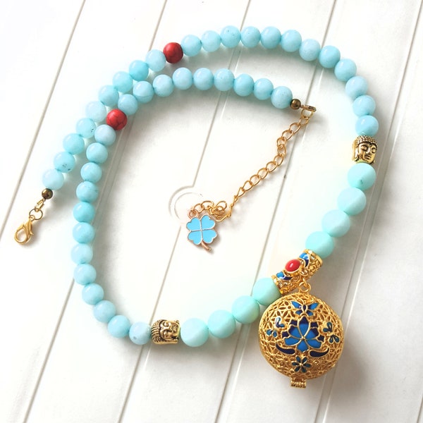 Bleu Aqua et Matt Amazonite collier de Bouddha, Pierre Amazonite, Yoga collier, Pierre Howlite, cadeau pour elle, cadeau pour les amateurs de Yoga, Semi précieuses