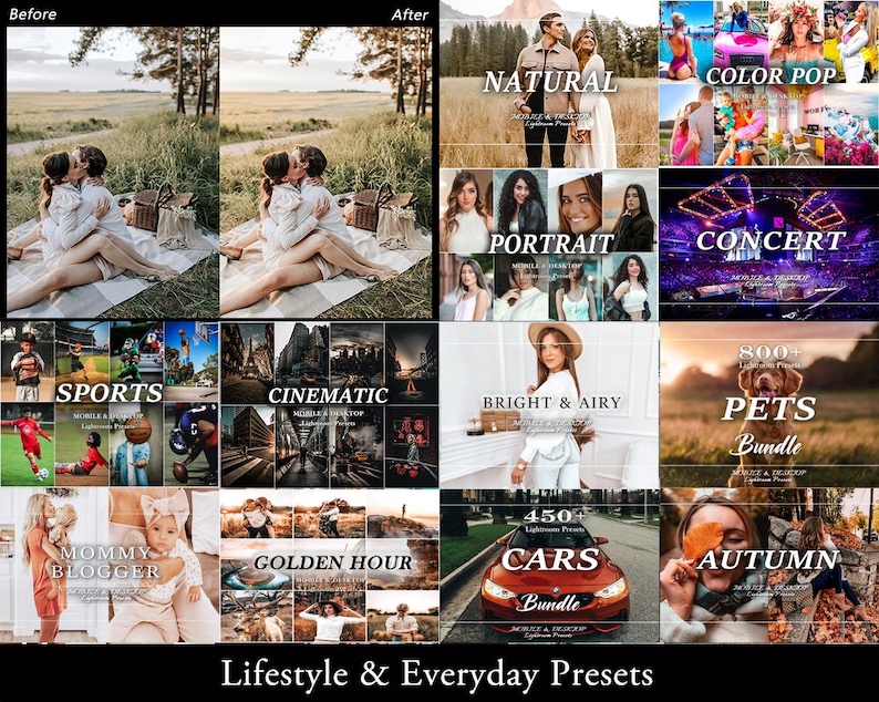 May include: A digital collection of Lightroom presets titled Lifestyle & Everyday Presets, featuring multiple photo grids categorized by themes including Natural, Color Pop, Portrait, Concert, Sports, Cinematic, Bright & Airy, Pets, Mommy Blogger, Golden Hour, Cars, and Autumn.