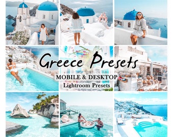 May include: A collage of images showcasing the beauty of Greece. The images feature white buildings with blue accents, clear blue water, and people enjoying the scenery. The text "Greece Presets" is displayed in a handwritten font, along with the words "Mobile & Desktop Lightroom Presets".