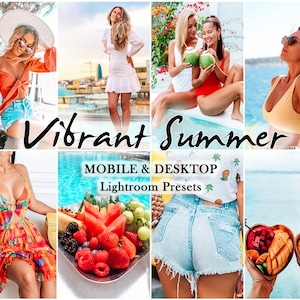 May include: A collage of eight images featuring summer scenes, including people in swimwear, tropical fruit, and beach settings, with the text Vibrant Summer MOBILE & DESKTOP Lightroom Presets overlaid in the center of the composition.