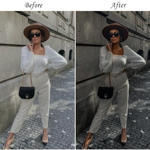 May include: A white long-sleeved fuzzy sweater with a square neckline, beige high-waisted trousers, a brown wide-brimmed hat, black sunglasses, and a black shoulder bag with a gold chain strap, paired with beige pointed-toe flats with black tips.