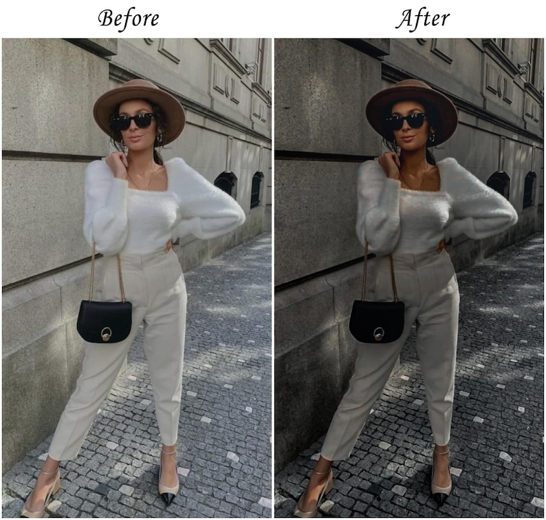 May include: A white long-sleeved fuzzy sweater with a square neckline, beige high-waisted trousers, a brown wide-brimmed hat, black sunglasses, and a black shoulder bag with a gold chain strap, paired with beige pointed-toe flats with black tips.