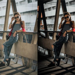 May include: A gray tube top, distressed blue denim jeans with rips, black sneakers, and dark sunglasses. The outfit includes a red accessory on the arm and a black bag. The image shows a before and after comparison of the same outfit and pose.
