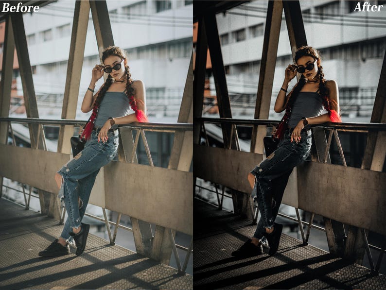 May include: A gray tube top, distressed blue denim jeans with rips, black sneakers, and dark sunglasses. The outfit includes a red accessory on the arm and a black bag. The image shows a before and after comparison of the same outfit and pose.