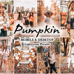 Puede incluir: Un collage de fotos con imágenes de otoño, incluyendo calabazas, follaje otoñal y personas con ropa de otoño. El texto "Pumpkin" y "Mobile & Desktop Lightroom Presets" se muestra en la imagen.
