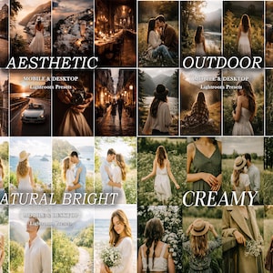 May include: A digital collage of photography presets featuring four distinct categories: Aesthetic, Outdoor, Natural Bright, and Creamy. The image displays various scenes including couples, landscapes, and portraits, with text overlays indicating Mobile & Desktop Lightroom Presets.
