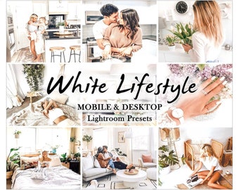 Puede incluir: Un collage de imágenes de estilo de vida con una estética brillante y aireada. Las imágenes presentan a personas en varios entornos, incluyendo una cocina, un dormitorio y una sala de estar. Se muestra el texto "White Lifestyle" y "Mobile & Desktop Lightroom Presets".