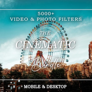 May include: A scenic image featuring a Ferris wheel against a blue sky, with text overlayed that reads "5000+ VIDEO & PHOTO FILTERS" and "THE CINEMATIC BUNDLE". The words "MOBILE & DESKTOP" are also visible.