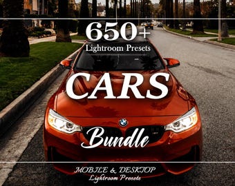 Könnte beinhalten: Ein leuchtend orangefarbener Sportwagen, der auf einer Straße geparkt ist, mit dem Text 650+ Lightroom Presets CARS Bundle MOBILE & DESKTOP Lightroom Presets in Weiß. Das Auto hat einen schwarzen Kühlergrill, ein blau-weißes Emblem und Scheinwerfer.