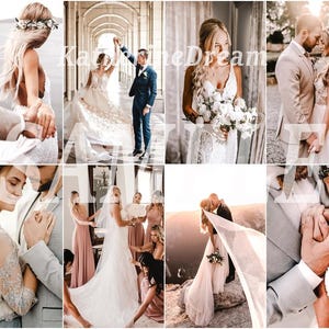 May include: A collage of wedding photos featuring couples in various poses. The photos show the bride and groom getting ready, exchanging vows, and celebrating with their guests. The photos are all in a warm, romantic style.